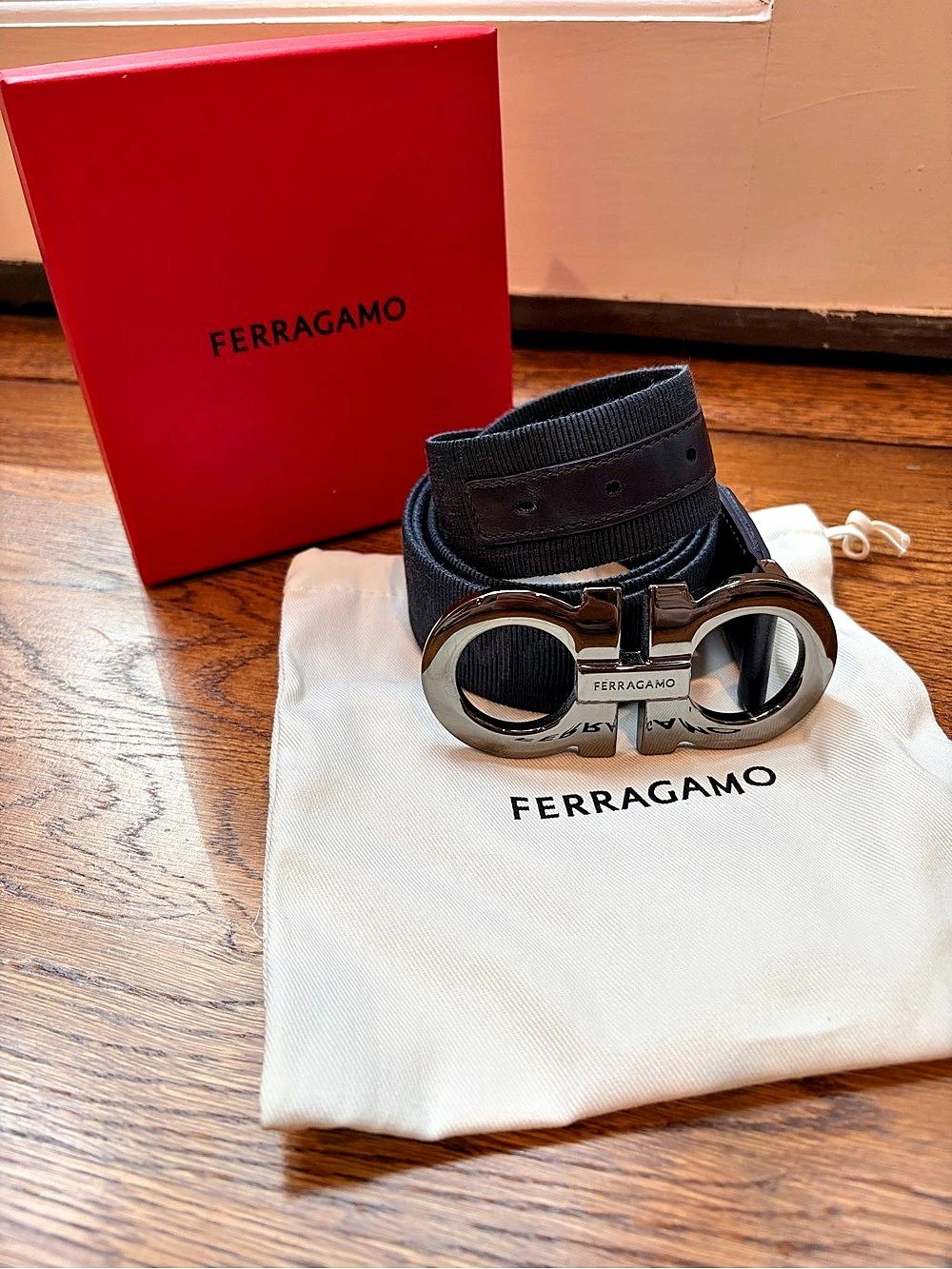 Ferragamo Men's Double Gancini Fixed Fabric Belt Black 46in Like New